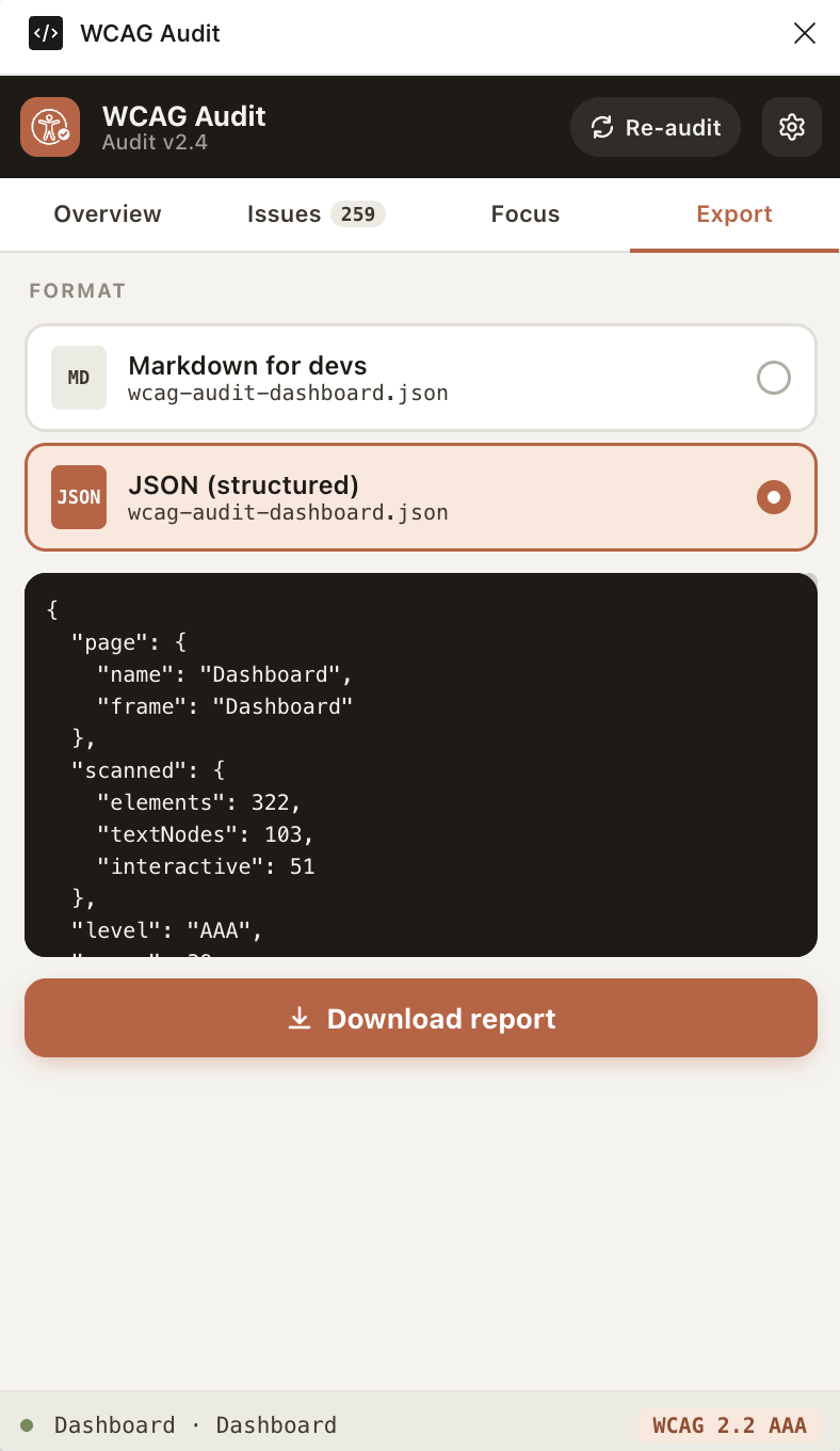 WCAG Audit export screen for JSON and Markdown reports