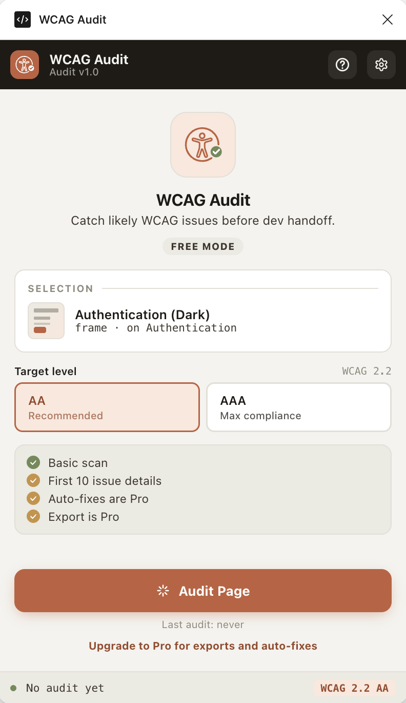 WCAG Audit start screen inside Figma